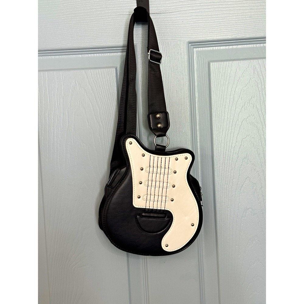 Guitar Shaped Black & White Small Crossbody Bag Zip Closure Adjustable Strap NEW